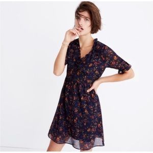 Madewell Freesia blue floral short sleeve button chest frilly trim dress